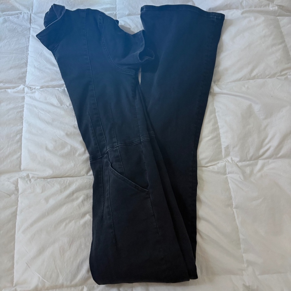 FREE PEOPLE Jayde Black Denim Flared Jumpsuit - Picture 4 of 4